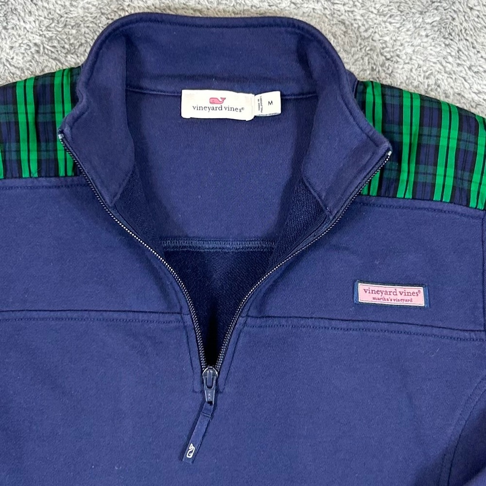Vineyard Vines Mens Navy Blue Plaid Shoulder Quarter Zip Pullover Sweater Size M